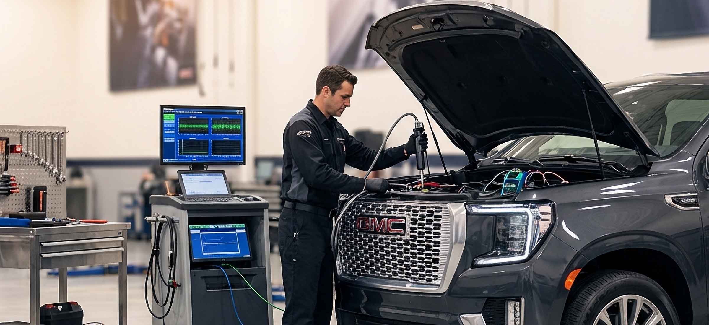 gm mechanics working on the underside of a car together
